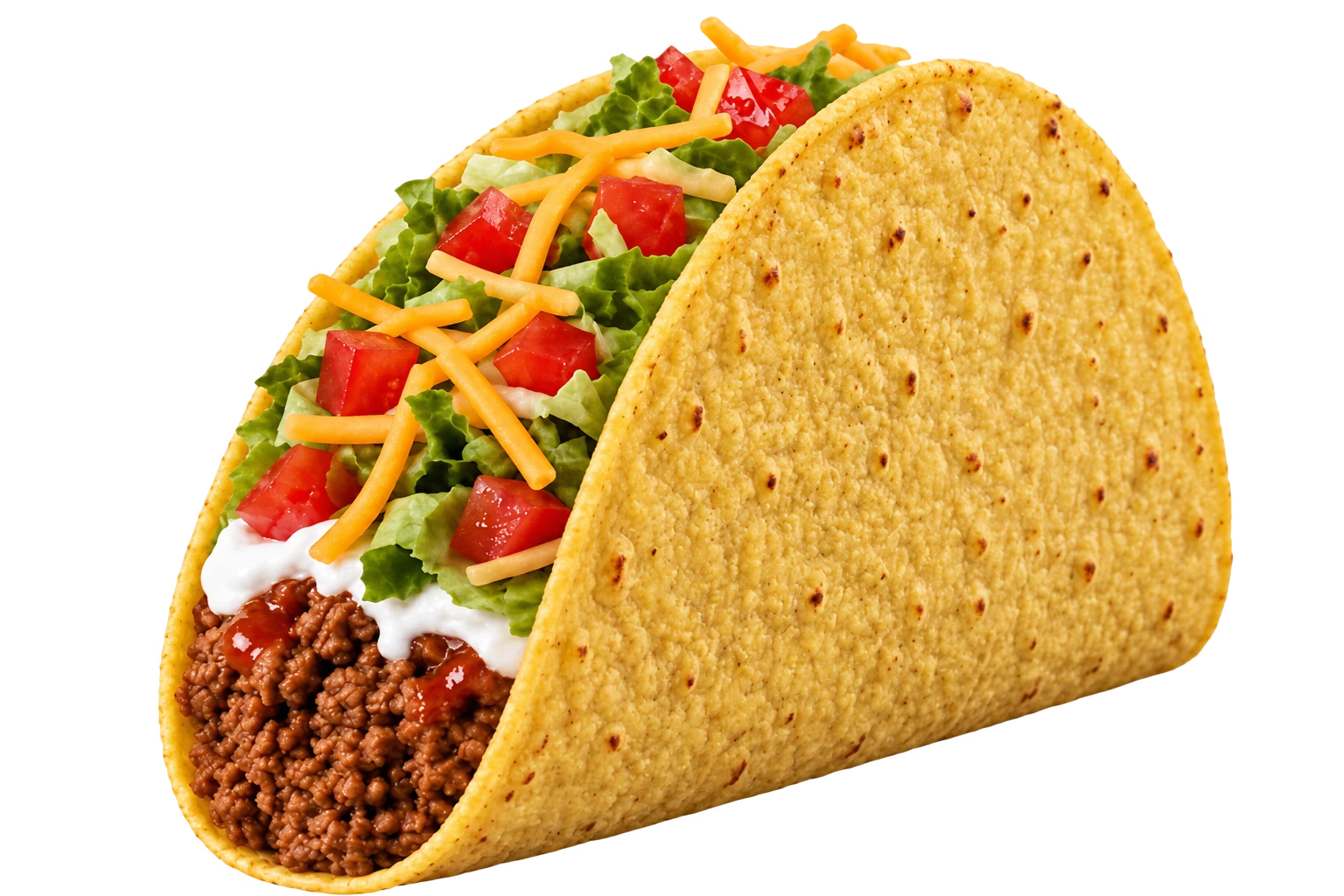 Crunchy Beef Special with ground beef, lettuce, tomatoes, cheddar, red sauce and sour cream